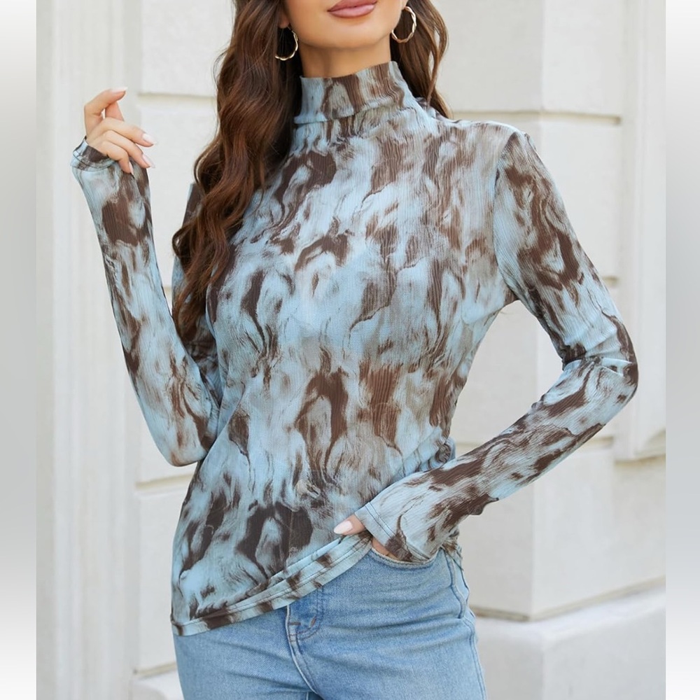 NWOT Women's Long Sleeve‎ Mock Neck Sheer Mesh Top – Tie Dye Print, Size Medium